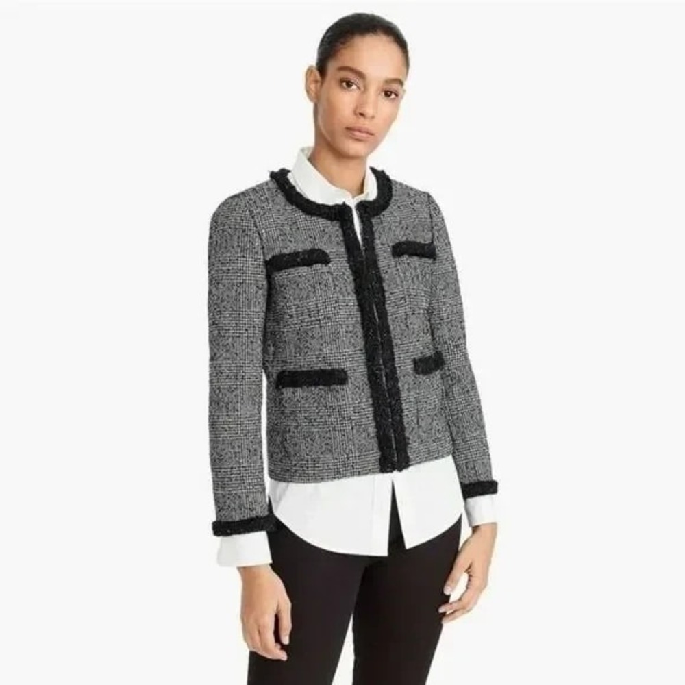 J. Crew Glen Plaid Braided Trim Black Sparkle Tweed Lady Jacket Size‎ 0